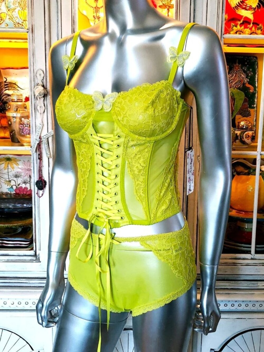 Betsey Johnson Corset Dress Top Panties Lingerie Set Green Lace Mesh Butterfly S - Picture 10 of 16
